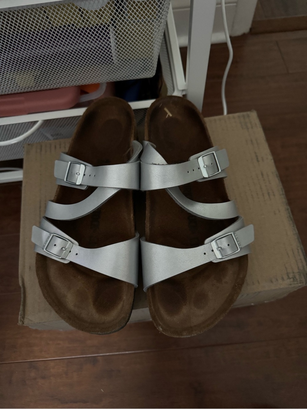 Birkenstock Three-Strap Silver Buckle Sandals